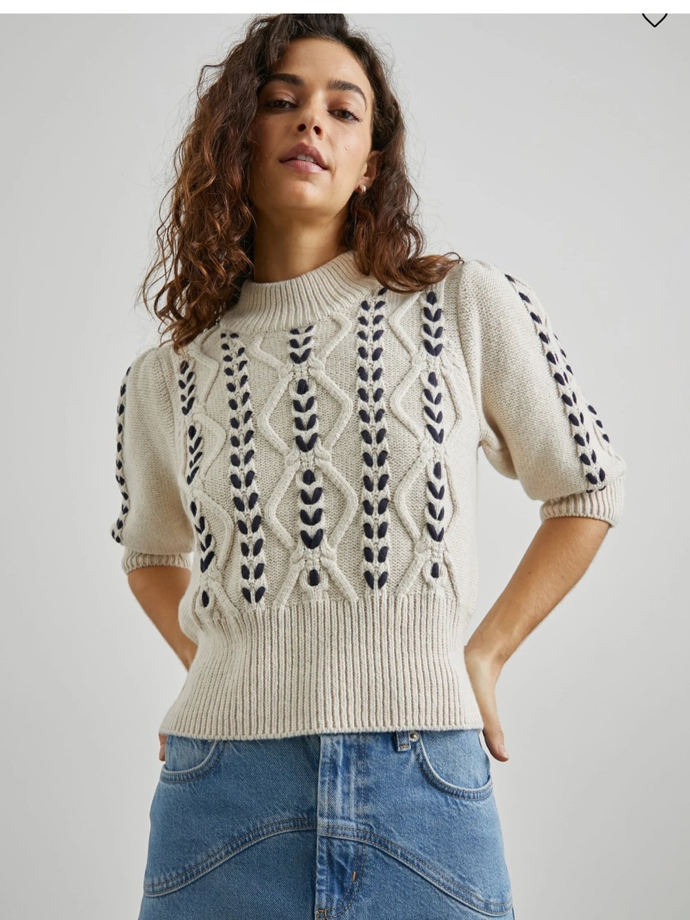 Rails Cream Cable-Knit Sweater with Navy Stitching
